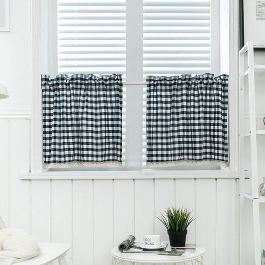 Modern Korean Yarn-dyed Plaid Lace Window Valance 1 Pc Linen Short Curtain for Kitchens Bathrooms Basements & More
