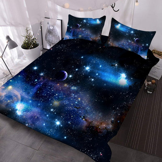 3D Galaxy Theme Bedding Set, Dreamy Blue Nebula 3-Piece Comforter Set with 2 Pillowcases