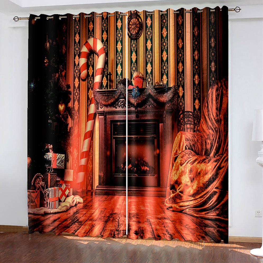 Weihnachtsgeschenke, 3D-Fenstervorhänge, Kamin-Druck, Verdunkelungsvorhänge für Wohnzimmer, Schlafzimmer, Fenstervorhänge, Weihnachten, 2-teiliges Set