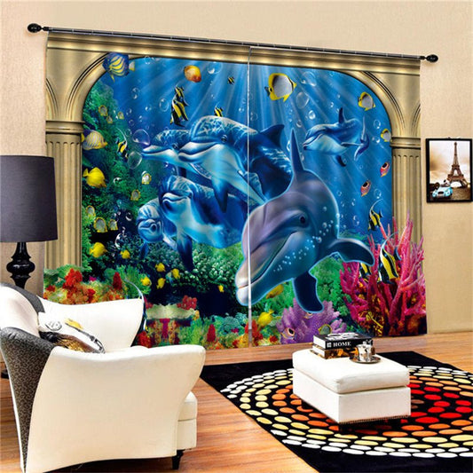 Sea World Dolphin 3D Blackout Curtains Grommet Curtains Insulated Room Living Room Bedroom Decoration Curtains Set of 2 Panels