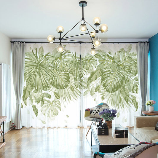 3D Modern Plant Print Sheer Curtains Decoration 2 Panels Green Chiffon Sheer for Living Room 30% Shading Rate No Pilling No Fading No off-lining