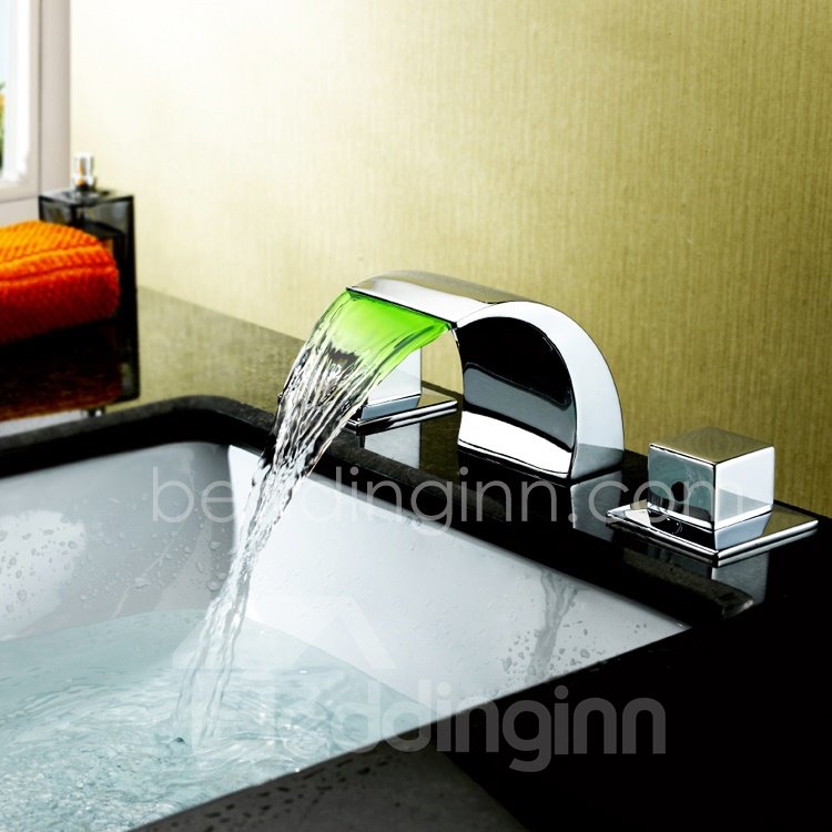 LED Color Changing Double Handles Solid Brass Waterfall Faucet