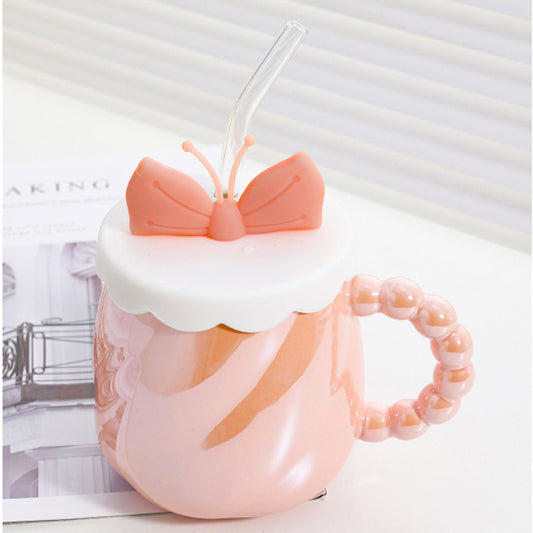 Glossy Ceramic Mug 14 Oz with Bow Silicone Cover Lid Pearl Style Handle, Large Shiny Pinkish Orange Coffee Cup for Women Girls
