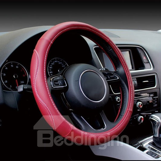 Fashion Solid Color Design Sewing Process Leather Medium Car Steering Wheel Cover Suitable for Most Round Steering Wheels