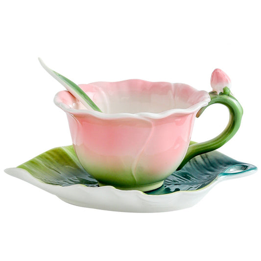 Beddinginn 6 Oz Pink Rose Floral Teacup and Saucer Set for Valentine's Day, Mother's Day, Christmas Gift