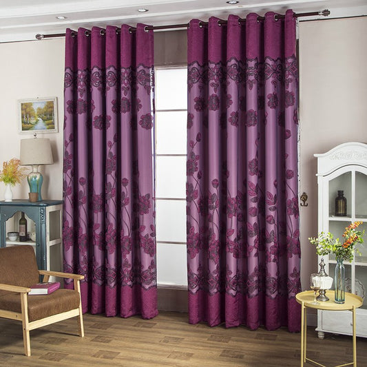 Double Floral Embroidered Curtain Sets Lily Purple Sheer and Lining Blackout Curtains for Living Room Bedroom Window Decoration
