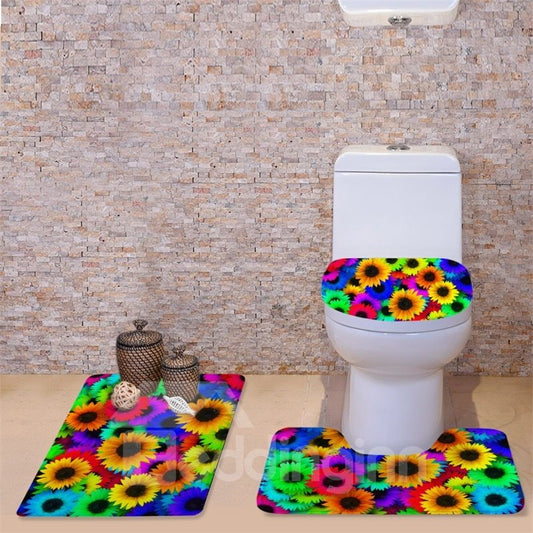 3D Colorful Sunflowers Printed Flannel 3-Piece Toilet Seat Cover