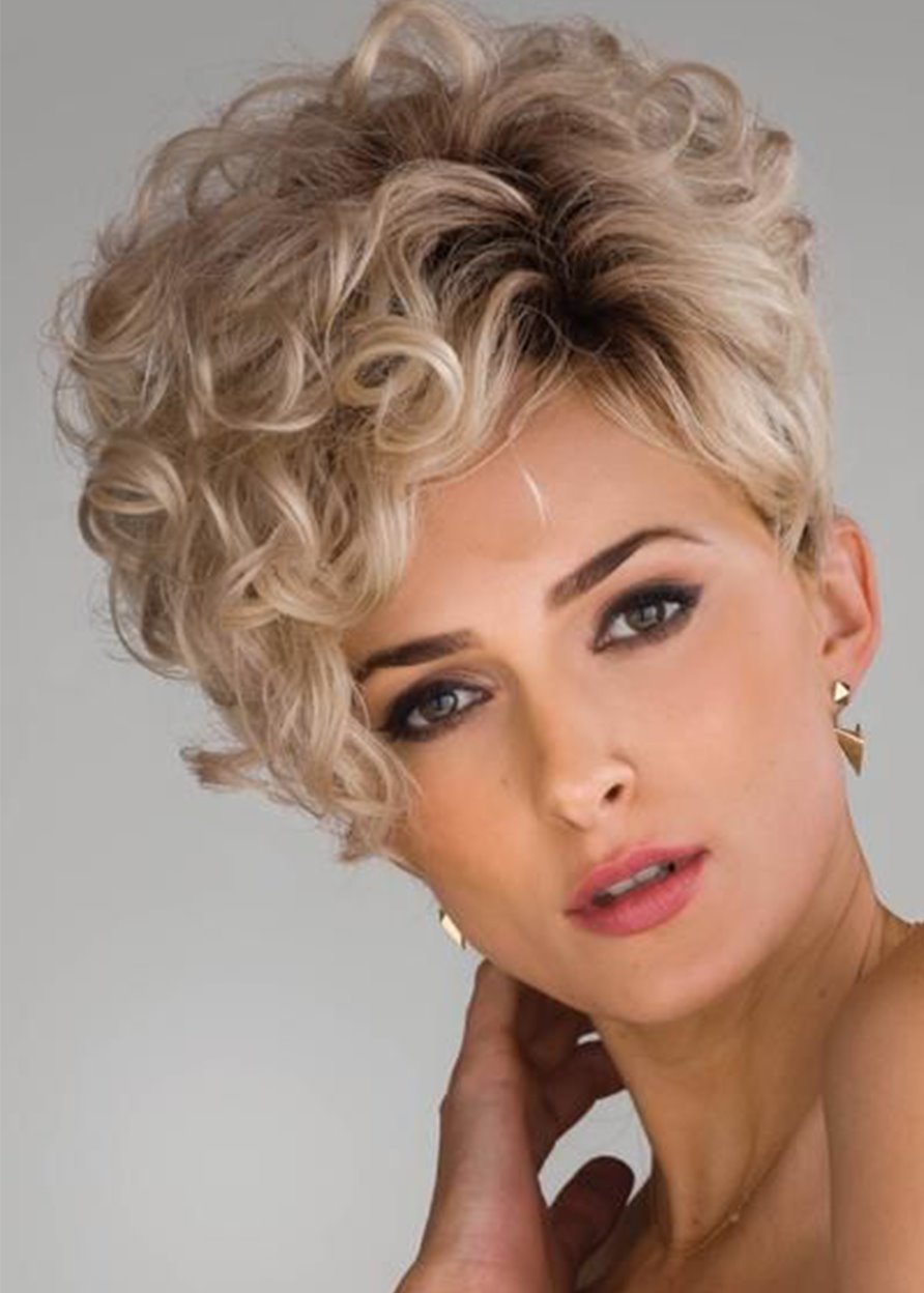 Pelo sintético rizado Gorro con encaje frontal Mujeres 120% Pelucas de 8 pulgadas Resistente al calor Aspecto natural Pelucas de fiesta diarias Pelucas de cosplay con flequillo natural con gorro de peluca gratis