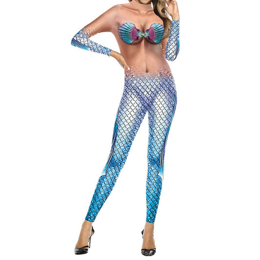 Long Sleeve 3D Mermaid Sexy Body Printed Cosplay Theme Party Jumpsuit Spring Fall Costumes for Women
