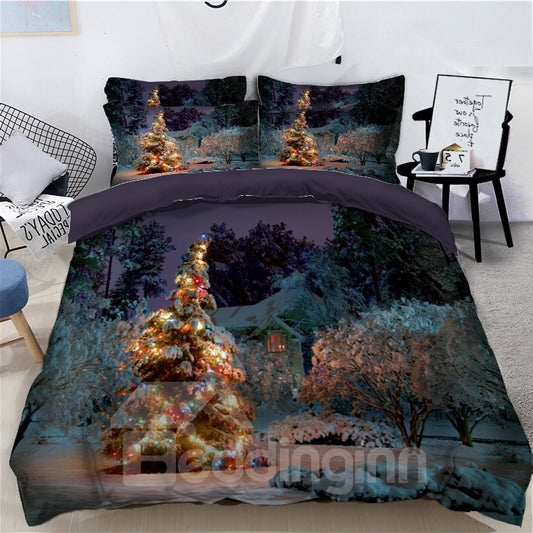 Bling Christmas Tree Quiet Night 3D 4-Piece Bedding Sets Duvet Covers Colorfast Wear-resistant Endurable Skin-friendly All-Season Ultra-soft Microfiber No-fading