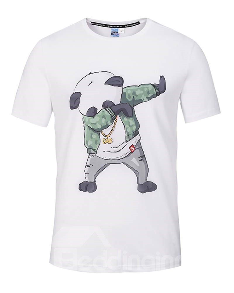 Round Neck Cartoon Panda Dance Pattern White 3D Painted T-Shirt