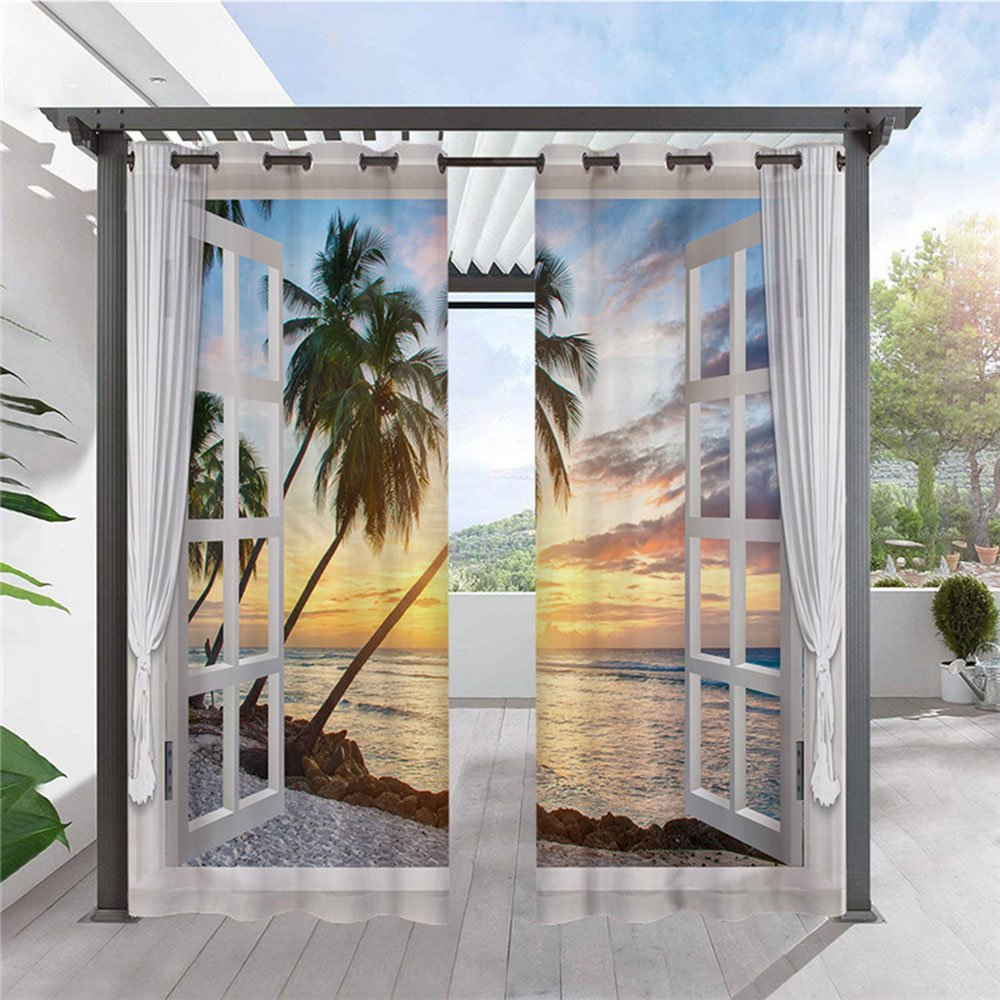 Cortinas modernas con paisaje 3D para exteriores, cortina superior con ojal para cabaña, atardecer, árbol de coco, impermeable, a prueba de sol, aislante térmico, 2 paneles