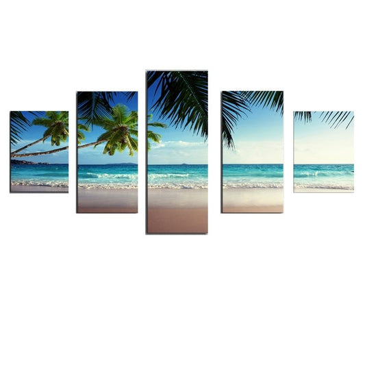 Waterproof Sea and Coconut Trees Pattern 5 Pieces Hanging Canvas Eco-friendly Framed Wall Prints