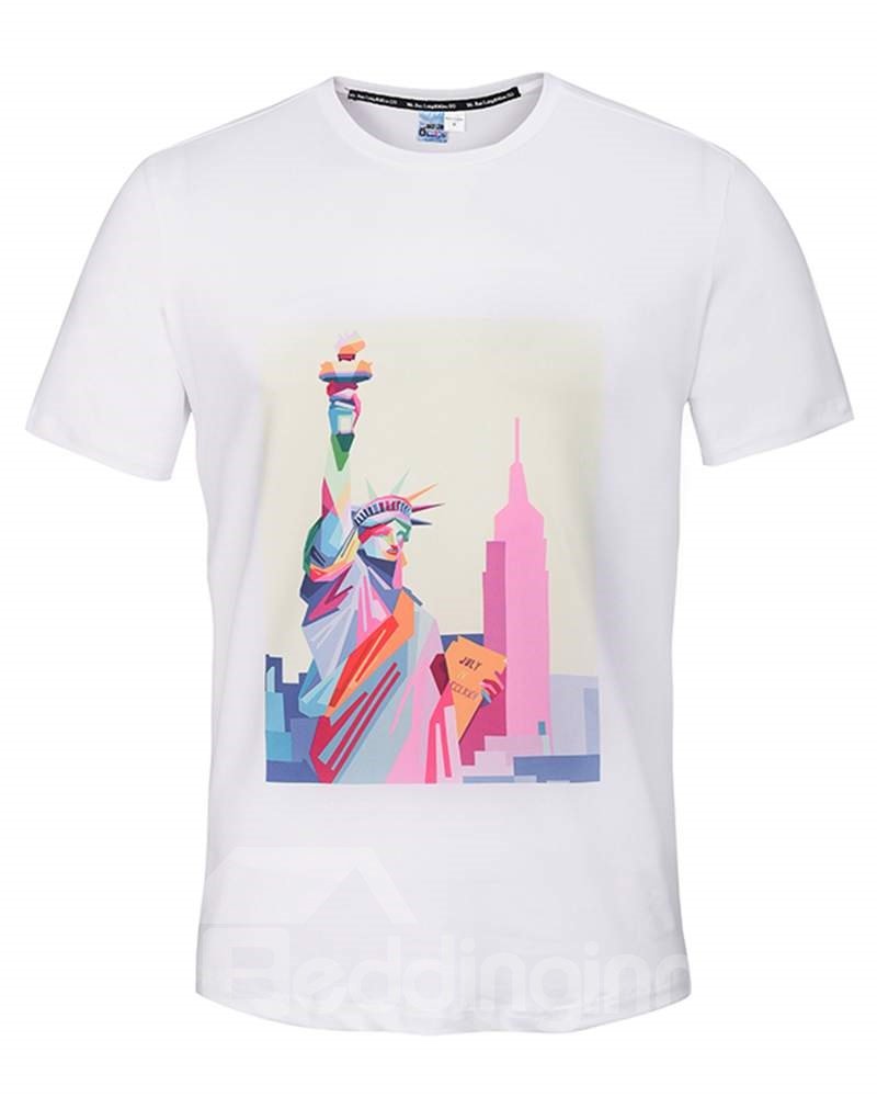 Cute Round Neck Statue of Liberty Pattern White 3D Painted T-Shirt