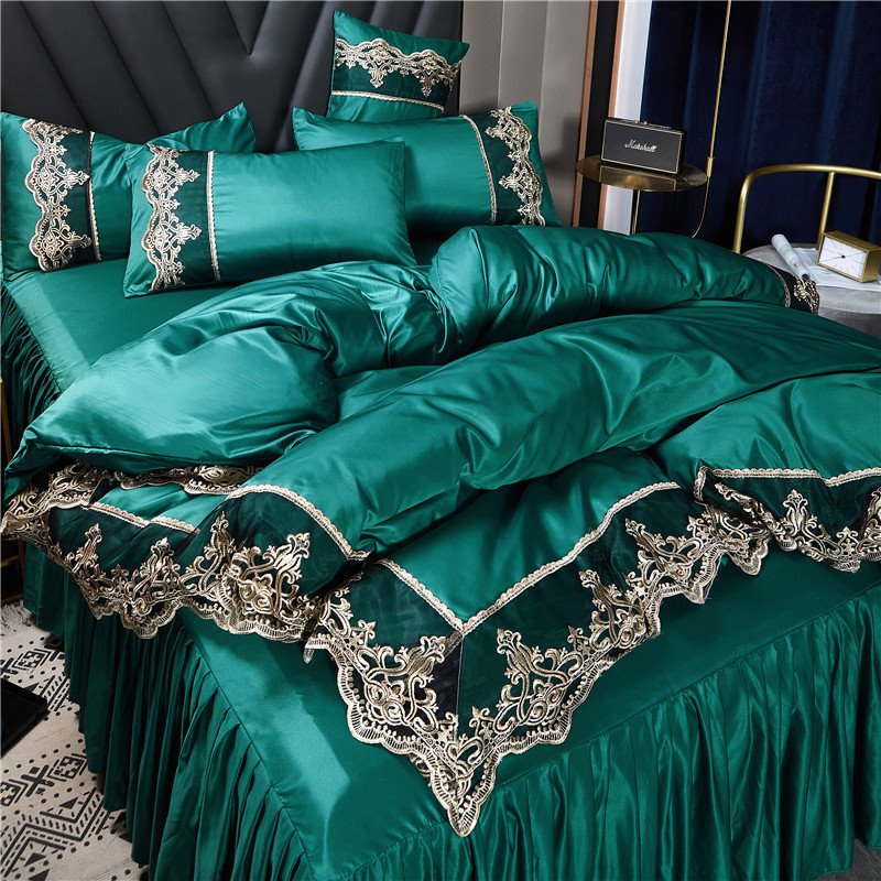 Gold Silk Embroidery Lace Bedding Set Polyester Soft Heavyweight Non-Slip Protective Cover 1 Duvet Cover 1 Bed Skirt 2 Pillowcases Gray