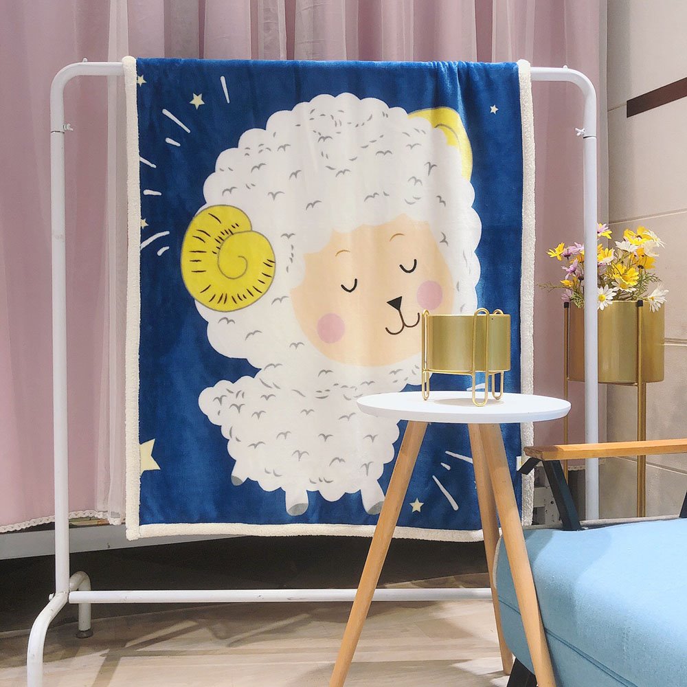 Cute Blue Baby Blanket Cartoon Sheep Pattern Flannel Children Blanket