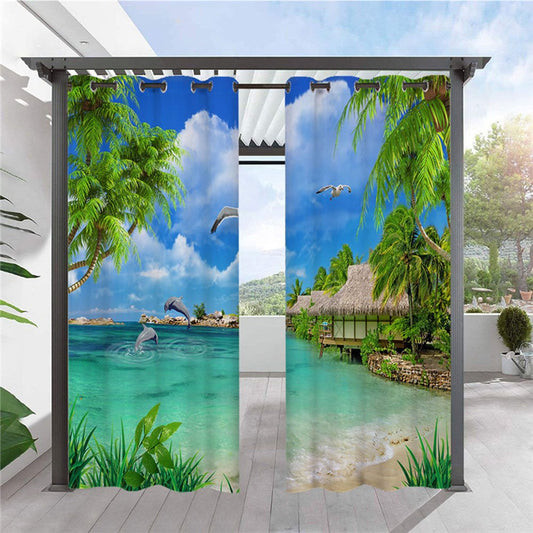 Modern Outdoor Curtains 3D Sea Scenery Cabana Grommet Top Curtain Waterproof Sun-proof Heat-insulating 2 Panels