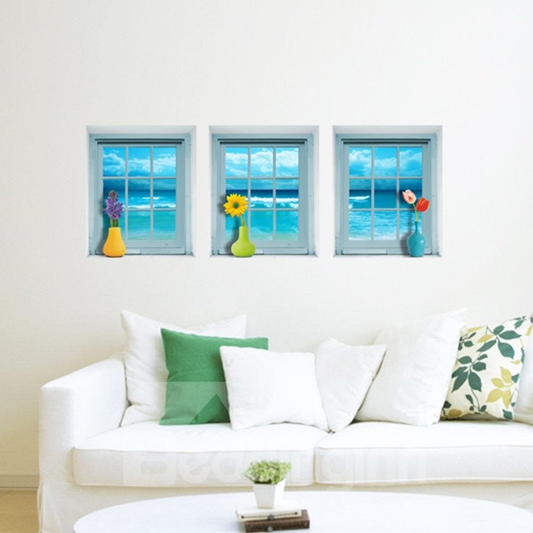 Impresionantes pegatinas de pared con diseño de florero y ventana azul, 3 piezas