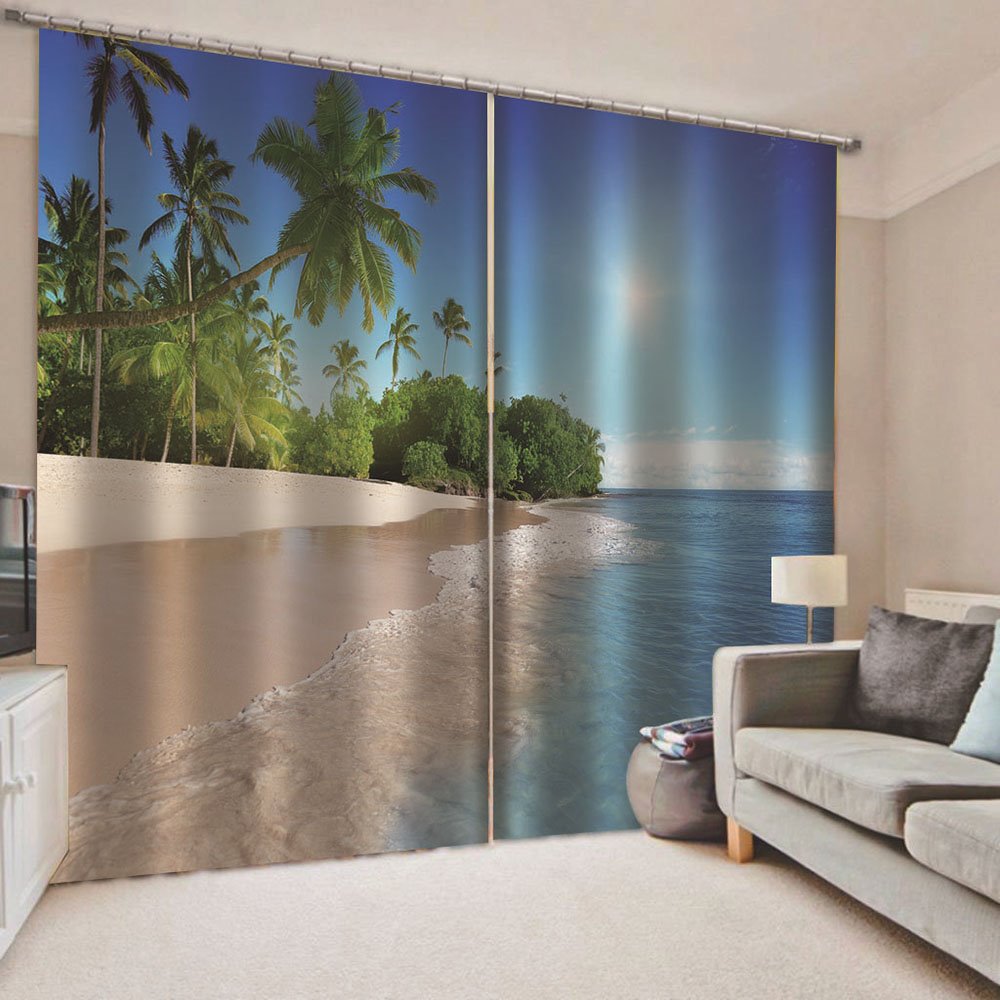 Cortinas opacas con impresión 3D modernas, paisaje costero, cortinas personalizadas de 2 paneles para sala de estar, dormitorio, sin pelusas, sin decoloración, sin forro de poliéster