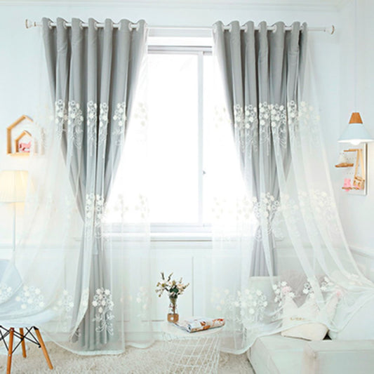 Embroidery Window Curtain Sets Khaki and Gray Sheer and Lining Blackout Curtain for Living Room Bedroom Decoration 2 Panels Drapes
