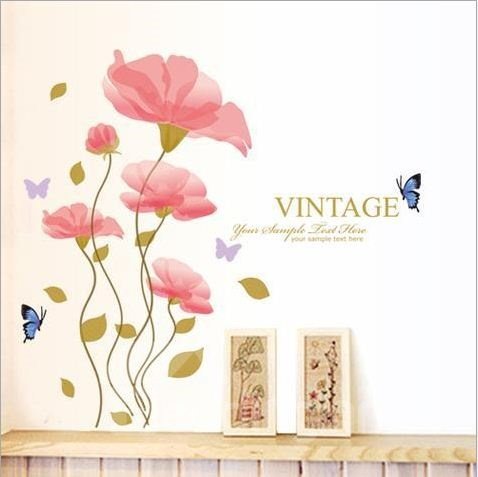 Fancy Pink Flowers and Beautiful Butterflies Pattern Wall Stickers