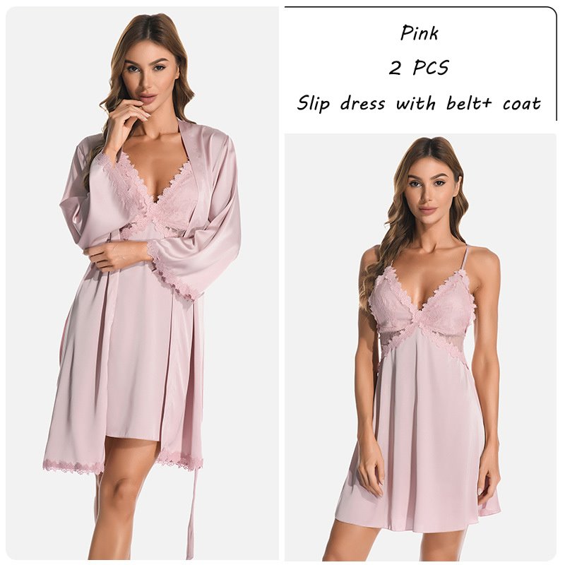Pajamas Sexy Chiffon Lace Plain Regular Women's Pajama Suit Home Dress Nightgowns Robe 2 PCS Set