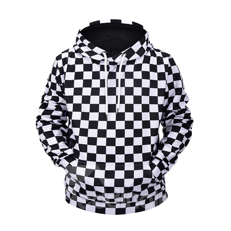 Black&White Plaid Cool Design Casual Style Kangaroo Pocket 3D Painted Hoodie