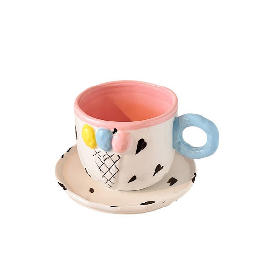 Ceramic Ice Cream Coffee Cup and Saucer Set for Women, 10 Oz Colorful Cute Teacup Set for Latte Tea