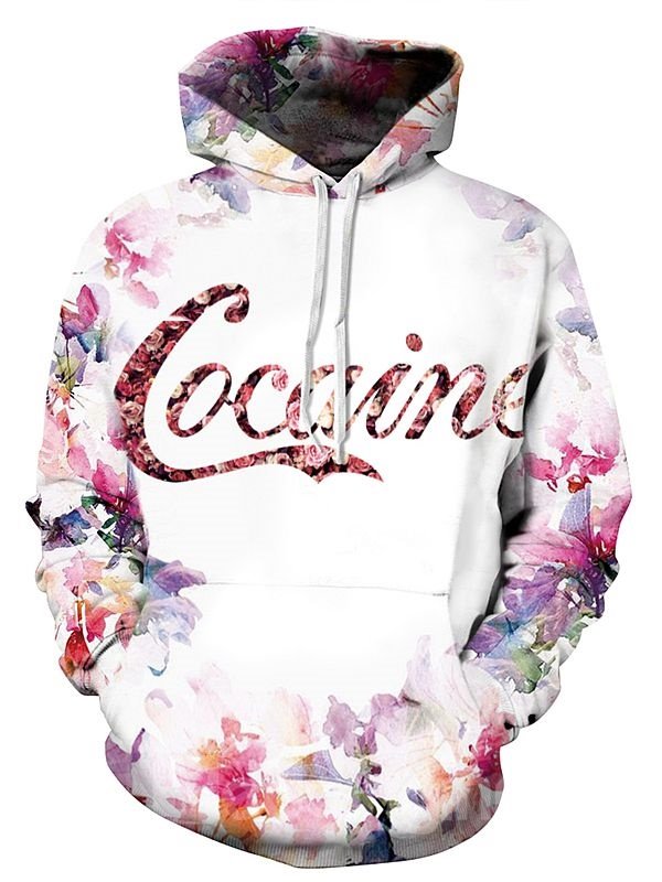 Sudadera con capucha pintada en 3D con estampado de flores de cocaína de manga bastante larga