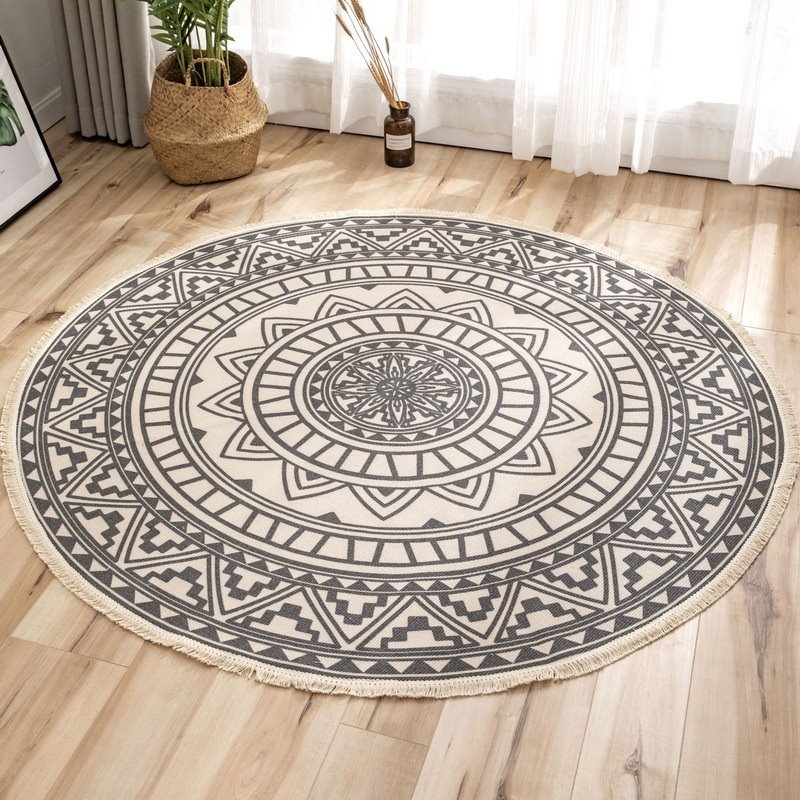 Mandala Printed 100% Cotton Non Slip Round Floor Rug For Living Room Bedroom