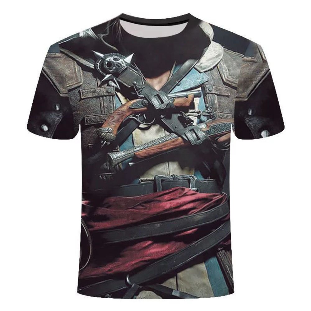 Camiseta con estampado 3D de Gun Fire para hombre, traje informal creativo de color gris oscuro para parejas, camisetas holgadas de manga corta con cuello redondo Unisex