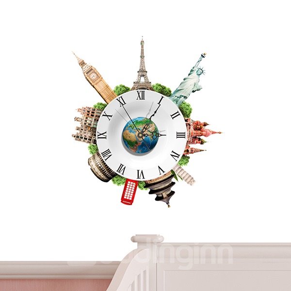 World Famous Architecture City Lanmarks 3D Sticker Wall Clock