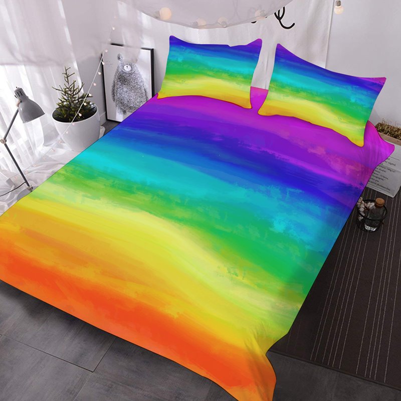 3D Seven Color Rainbow 3Pcs Comforter Set with 2 Pillow Shams No-fading Ultra-soft Microfiber Bedding Set
