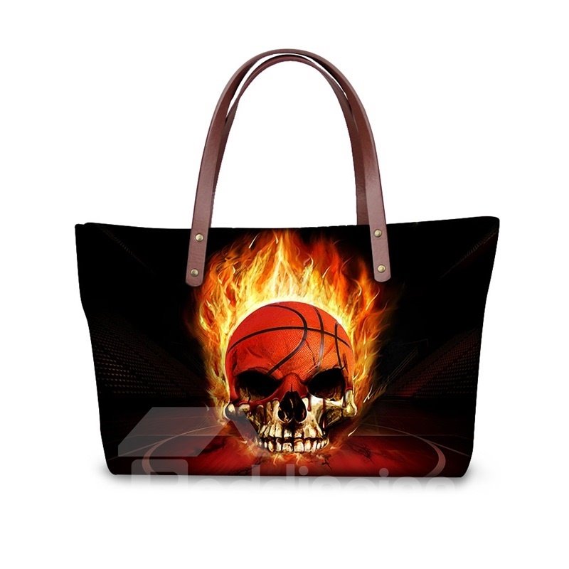 Skull Basketball Fire Waterproof Pattern Printed Shoulder HandBags