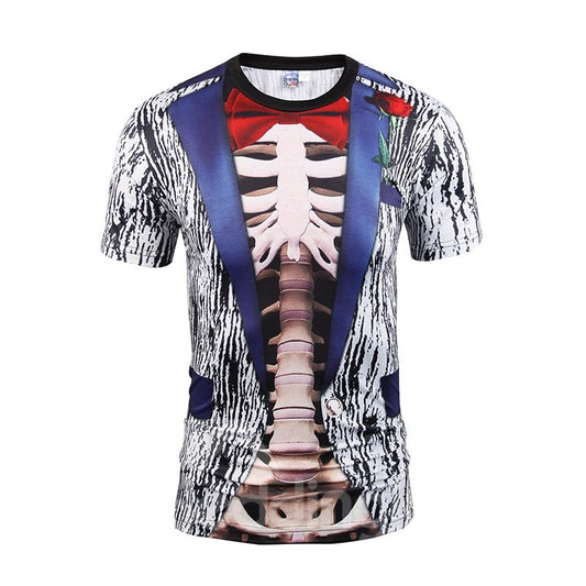 Human Skeleton and Bow Tie Printing Polyester Round Neck Man's 3D T-Shirts