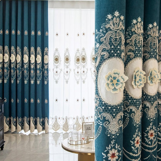 Chenille Elegant Blackout Curtains High Quality Blue European Relief Embroidery Window Curtains for Living Room Bedroom Custom Set of 2 Panels