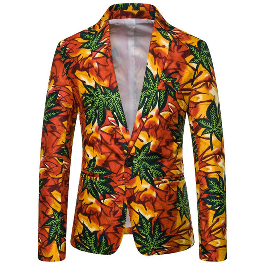 Casual Creative Men's Suit Jackets Green Leaf Pattern One Button Notched Lapel Dress Coats Slim Fit Leisure Blazer Suitable for Party Festival Daily