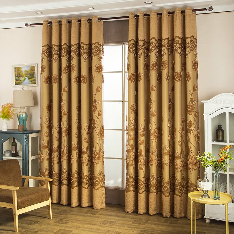 Conjuntos de cortinas bordadas de lirio doble marrón, cortinas opacas transparentes y con forro para decoración de sala de estar y dormitorio