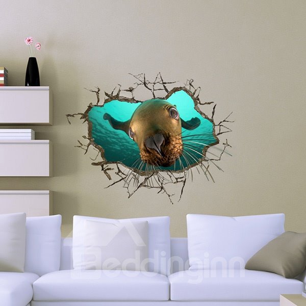 Lindo sello mirando a través del agujero de la pared etiqueta de la pared 3D