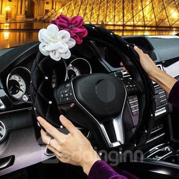 Classic Diamond Craft With White And Purple Rose Steering Wheel Cover
