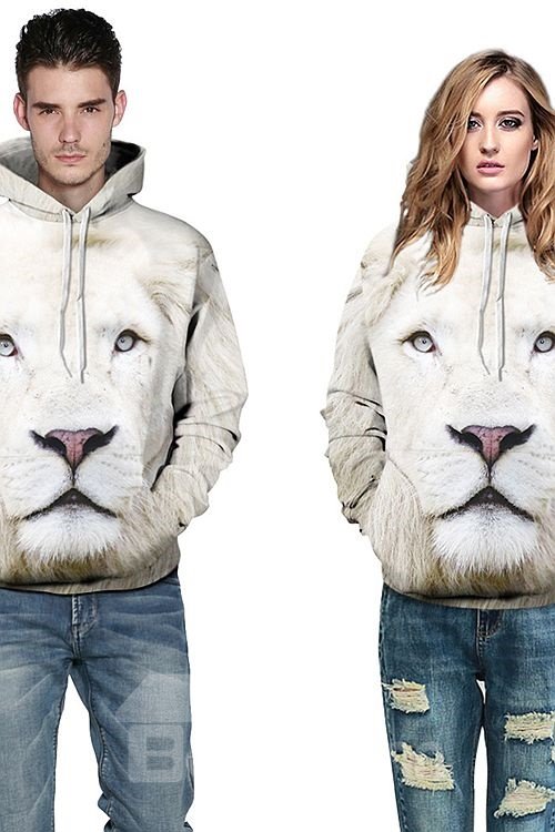 Unisex Novelty Long Sleeve Sweatshirt White Lion Face Couple 3D Painted Polyester Animal Hoodie