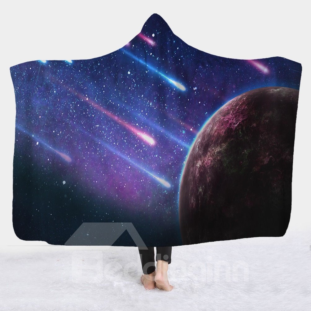 3D Galaxy Star Print Super Soft Sherpa Fleece Hooded Blanket