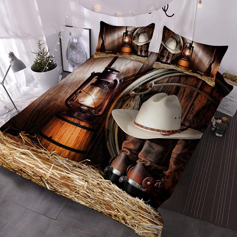 Juego de edredón de 3 piezas con estampado de sombrero y botas de vaquero en 3D, juego de cama de microfibra, 1 edredón, 2 fundas de almohada, tamaños Full Queen King