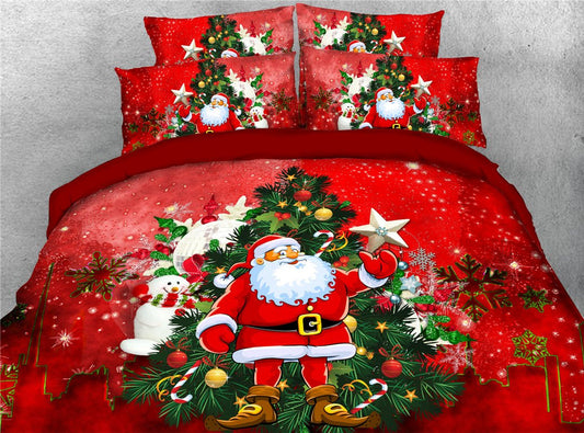 3D Christmas Bedding 5-Piece Comforter Sets Santa Claus Reindeer Gingerbread Man Ultra Soft Polyester 2 Pillowcases 1 Flat Sheet 1 Duvet Cover 1 Comforter