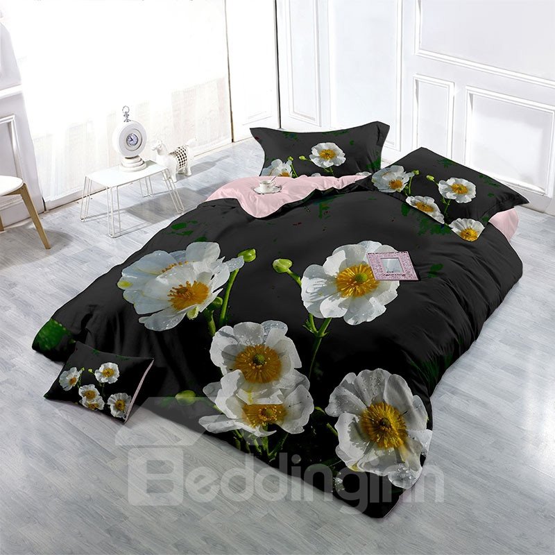 White Wildflowers Wear-resistant Breathable High Quality 60s Cotton 4-Piece 3D Bedding Sets