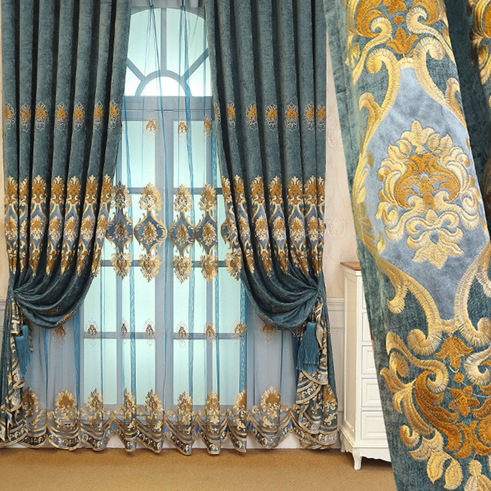 European Floral Embroidery Grommet Shading Curtains Polyester Decoration Blackout Custom 2 Panels Drapes for Living Room Bedroom No Pilling No Fading No off-lining