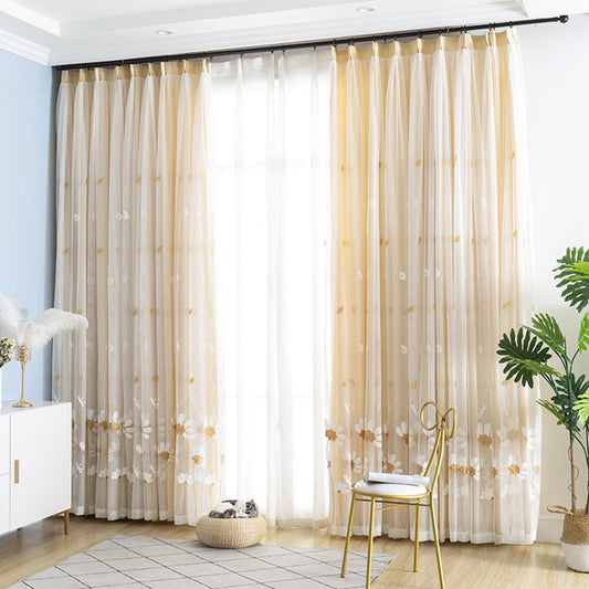Modern Daisy Floral Embroidery Yellow Curtain Sets Sheer and Lining Blackout Curtain for Living Room Bedroom Decoration No Pilling No Fading No off-lining