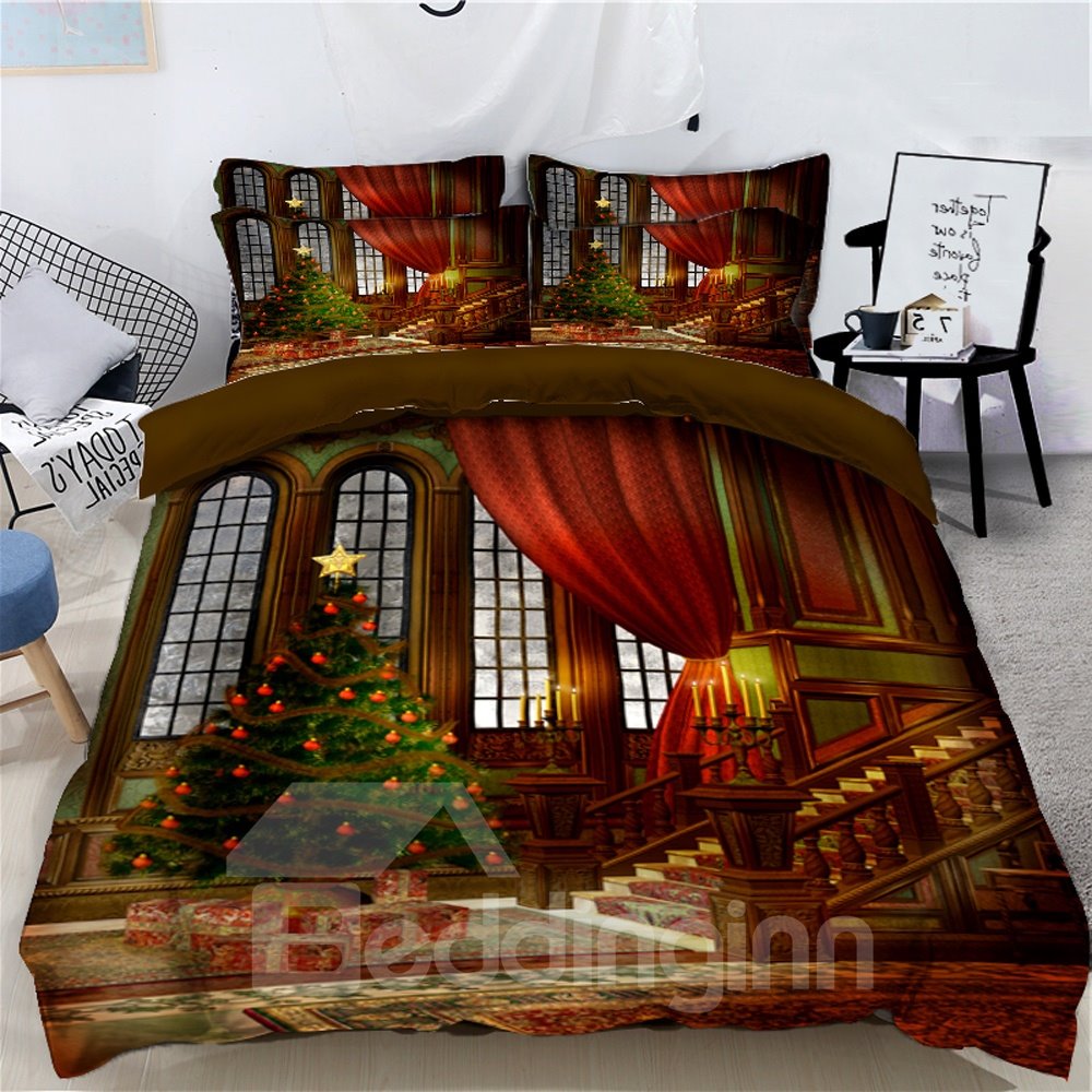 Christmas Tree with Decorations and Stove Printed 3D 4-Piece Bedding Sets Duvet Covers Colorfast Wear-resistant Endurable Skin-friendly All-Season Ultra-soft Microfiber No-fading
