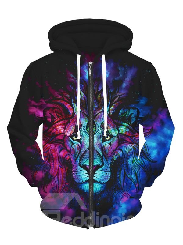 Sudadera con capucha pintada con cremallera 3D y estampado de cara de león multicolor de manga larga