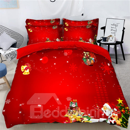 3D Red Christmas Santa Claus 4-Piece Bedding Set/Duvet Cover Set Colorfast Wear-resistant Endurable Skin-friendly All-Season Ultra-soft Microfiber No-fading